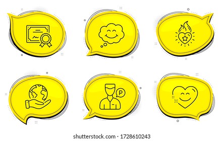 Valet Servant Sign. Diploma Certificate, Save Planet Chat Bubbles. Heart Flame, Smile And Smile Chat Line Icons Set. Love Fire, Comic Chat, Heart Face. Parking Man. People Set. Vector