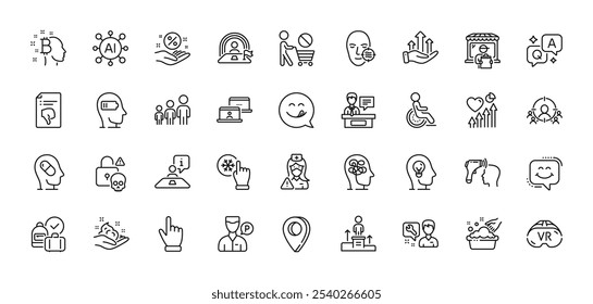 Valet servant, Stress and Business podium line icons pack. AI, Question and Answer, Map pin icons. Smile chat, Depression treatment, Yummy smile web icon. Vector