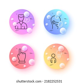 Valet Servant, Touchscreen Gesture And Group People Minimal Line Icons. 3d Spheres Or Balls Buttons. Sick Man Icons. For Web, Application, Printing. Parking Man, Slide Right, Business Meeting. Vector