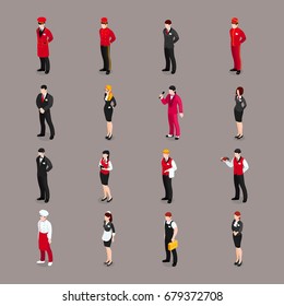 Valet set of isolated hotel employee characters bell attendants waiters receptionists and chambermaid in appropriate uniform vector illustration