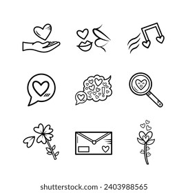 Valetine, love, and romance themed vector icon set collection illustration with black outline isolated on plain white background. Simple flat cartoon minimalist art styled drawing.