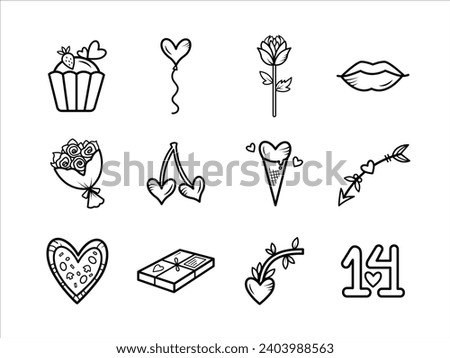 Valetine, love, and romance themed vector icon set collection illustration with black outline isolated on horizontal white background. Simple flat cartoon minimalist art styled drawing.