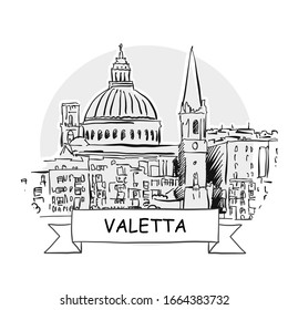 Valetta Cityscape Vector Sign. Line Art Illustration with Ribbon and Title.