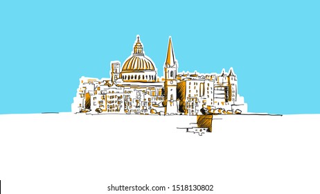 Valetta, Malta Lineart Vector Sketch. and Drawn Illustration on blue background.