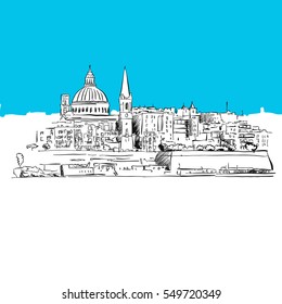 Valetta, Malta Panorama, Blue Series, Hand-drawn Vector Artwork