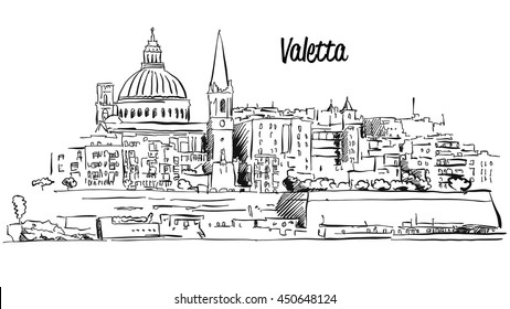 Valetta, Malta. Panorama Waterfront Outline Vector Sketch. Famous Landmark