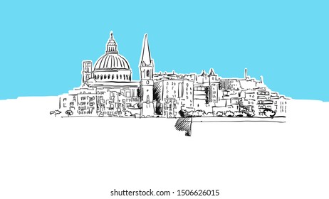 Valetta Skyline Panorama Vector Sketch. Hand-drawn Illustration on blue background.