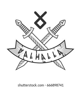Blootipo aislado de Valhalla con espadas y pista monocromas cruzadas