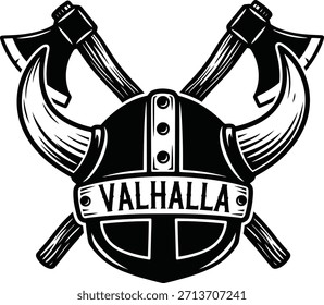 Tipografía Valhalla con cascos vikingos y hachas para insignia de historia, emblema de arma de guerrero antiguo, símbolo de combate medieval y aislado en ilustración gráfica retro transparente