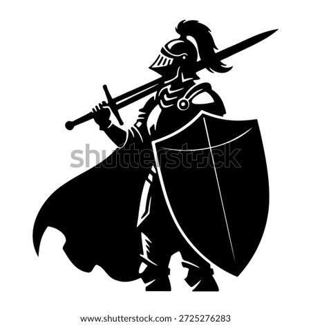 Valiant knight in armor holding sword and shield silhouette vector illustration