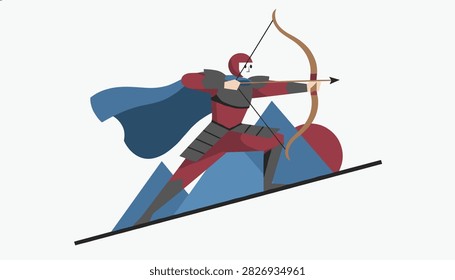 Valiant knight in red and black armor with blue cape drawing bow arrow on snowy mountain background.
