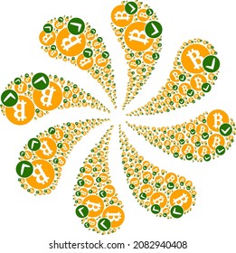 Valid bitcoin icon rotation bang flower fireworks shape. Rotation burst composed using random valid bitcoin icons.