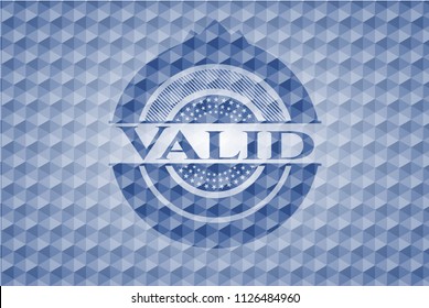 Valid blue emblem or badge with abstract geometric pattern background.