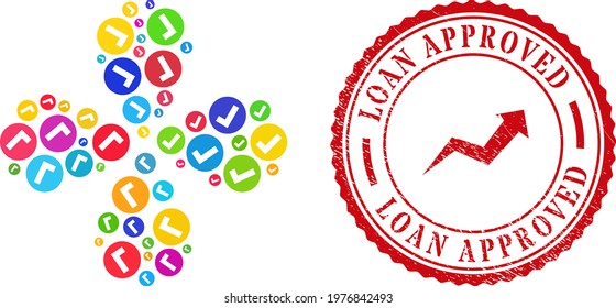 Valid bright explosion fireworks, and red round LOAN APPROVED rough stamp seal. Valid symbol inside round stamp seal. Element centrifugal explosion done from random valid symbols.