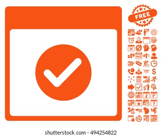 Valid Calendar Page icon with bonus calendar and time management pictograph collection. Vector illustration style is flat iconic symbols, orange color, white background.
