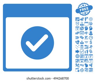 Valid Calendar Page pictograph with bonus calendar and time management symbols. Vector illustration style is flat iconic symbols, cobalt color, white background.