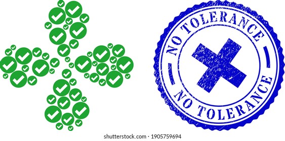 Valid centrifugal fireworks, and blue round NO TOLERANCE grunge stamp print with icon inside. Element flower with 4 petals created from oriented valid symbols. Vector flower collage in flat style.