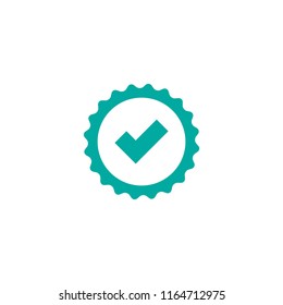 Valid Check Seal Icon. Blue Circle With Ribbon Outline And Thick Tick. Flat OK Sticker Icon. Isolated On White. Accept Button. Good For Web And Software Interfaces. Vector Illustration.