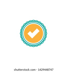 Valid check Seal icon. Blue and orange circle with ribbon outline and  tick. Flat OK sticker icon. Isolated on white. Accept button. Good for web and software interfaces. Vector illustration.