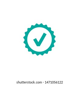 Valid Check Seal Icon. Blue Circle With Ribbon Outline And Thick Tick. Flat OK Sticker Icon. Isolated On White. Accept Button. Good For Web And Software Interfaces. Vector Illustration.