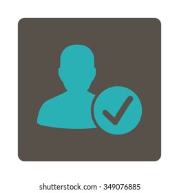 Valid Client vector icon. Style is flat rounded square button, cyan and grey colors, white background.
