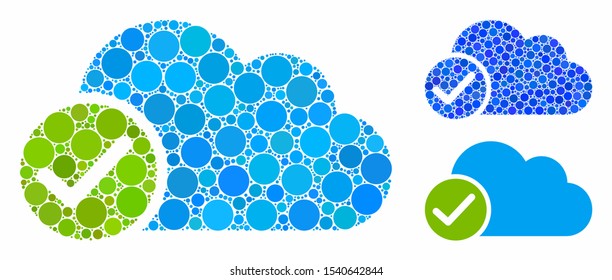Valid cloud mosaic of small circles in variable sizes and shades, based on valid cloud icon. Vector small circles are united into blue illustration. Dotted valid cloud icon in usual and blue versions.