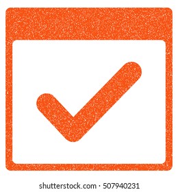 Valid Day Calendar Page grainy textured icon for overlay watermark stamps. Flat symbol with dirty texture. Dotted vector orange ink rubber seal stamp with grunge design on a white background.