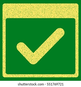 Valid Day Calendar Page grainy textured icon for overlay watermark stamps. Flat symbol with dirty texture. Dotted vector yellow ink rubber seal stamp with grunge design on a green background.