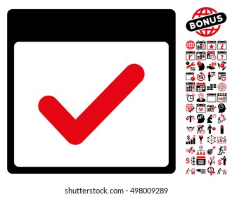 Valid Day Calendar Page icon with bonus calendar and time management pictograms. Vector illustration style is flat iconic symbols, intensive red and black, white background.