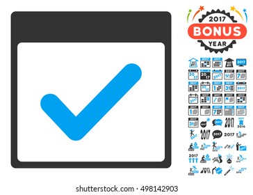 Valid Day Calendar Page icon with bonus calendar and time management symbols. Vector illustration style is flat iconic symbols, blue and gray colors, white background.