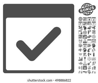 Valid Day Calendar Page icon with bonus calendar and time management design elements. Vector illustration style is flat iconic symbols, gray, white background.