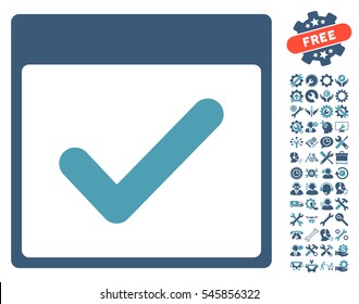 Valid Day Calendar Page icon with bonus tools clip art. Vector illustration style is flat iconic symbols, cyan and blue, white background.