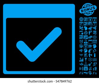 Valid Day Calendar Page icon with bonus calendar and time management pictograms. Vector illustration style is flat iconic symbols, blue, black background.