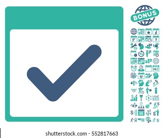 Valid Day Calendar Page icon with bonus calendar and time management images. Vector illustration style is flat iconic symbols, cobalt and cyan, white background.