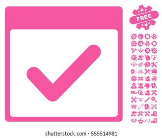 Valid Day Calendar Page icon with bonus tools clip art. Vector illustration style is flat iconic symbols, pink, white background.