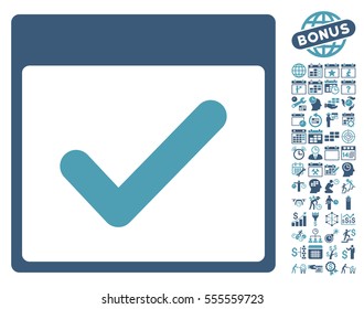 Valid Day Calendar Page icon with bonus calendar and time management symbols. Vector illustration style is flat iconic symbols, cyan and blue, white background.