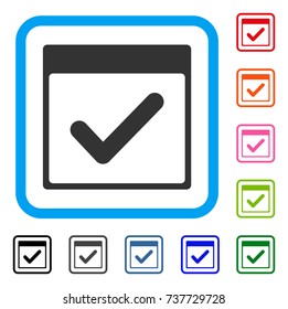 Valid Day Calendar Page icon. Flat grey iconic symbol inside a light blue rounded rectangle. Black, gray, green, blue, red, orange color additional versions of Valid Day Calendar Page vector.
