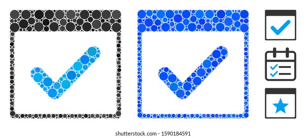 Valid day calendar page mosaic of round dots in various sizes and shades, based on valid day calendar page icon. Vector round dots are united into blue mosaic.