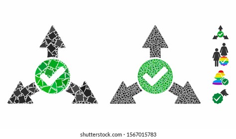 Valid directions composition of bumpy items in variable sizes and color tints, based on valid directions icon. Vector bumpy dots are grouped into composition.