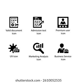 Valid document, Admission test, Premium user, UV, Marketing Analysis, Service, Black Icon Set