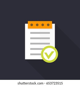 valid document icon, approved report in flat style