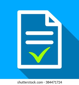 Valid Document long shadow vector icon. Style is a flat light symbol with rounded angles on a blue square background.