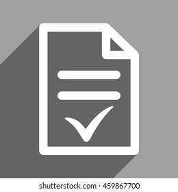 Valid Document long shadow vector icon. Style is a flat valid document white iconic symbol on a gray square background.