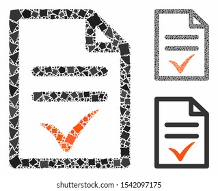 Valid document mosaic of humpy elements in variable sizes and color tints, based on valid document icon. Vector humpy pieces are grouped into collage. Valid document icons collage with dotted pattern.