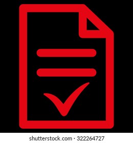 Valid Document vector icon. Style is flat symbol, red color, rounded angles, black background.