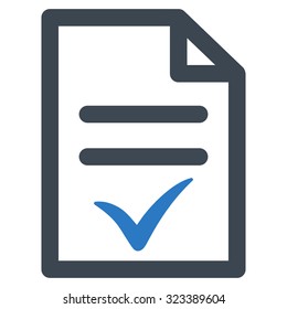 Valid Document vector icon. Style is bicolor flat symbol, smooth blue colors, rounded angles, white background.
