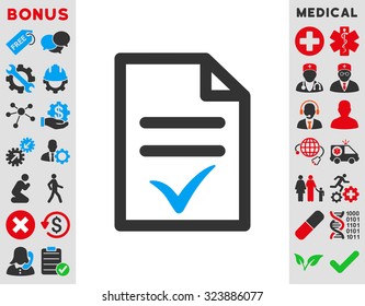 Valid Document vector icon. Style is bicolor flat symbol, blue and gray colors, rounded angles, white background.