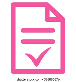 Valid Document vector icon. Style is flat symbol, pink color, rounded angles, white background.