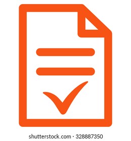 Valid Document vector icon. Style is flat symbol, orange color, rounded angles, white background.