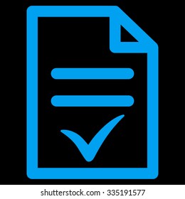 Valid Document vector icon. Style is flat symbol, blue color, rounded angles, black background.